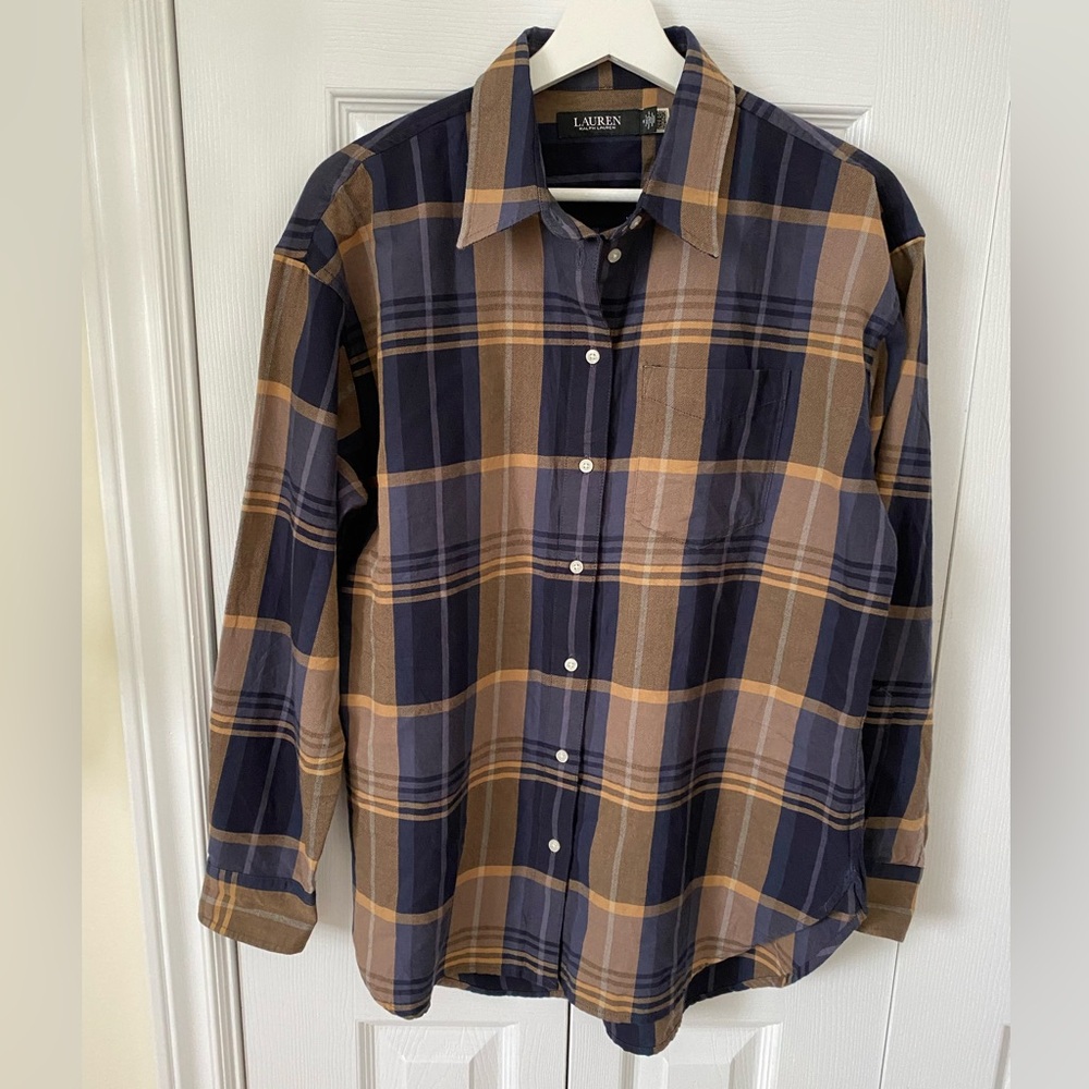 Ralph Lauren Brawley Long Sleeve Button Front Shirt Navy Tan Plaid Medium 2025